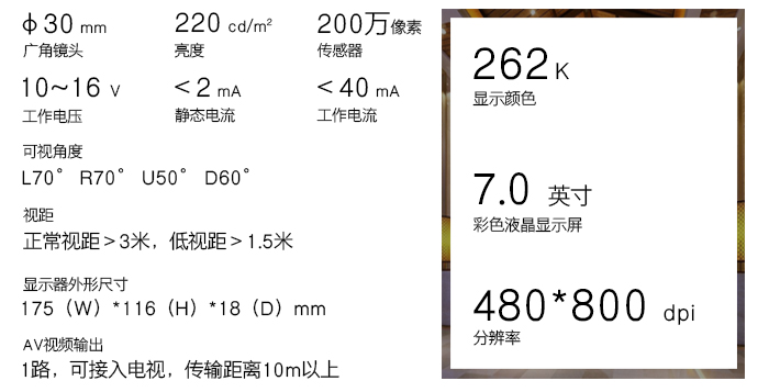 可视猫眼的手艺参数——７英寸彩色液晶显示屏，可接入电视，清晰区分率